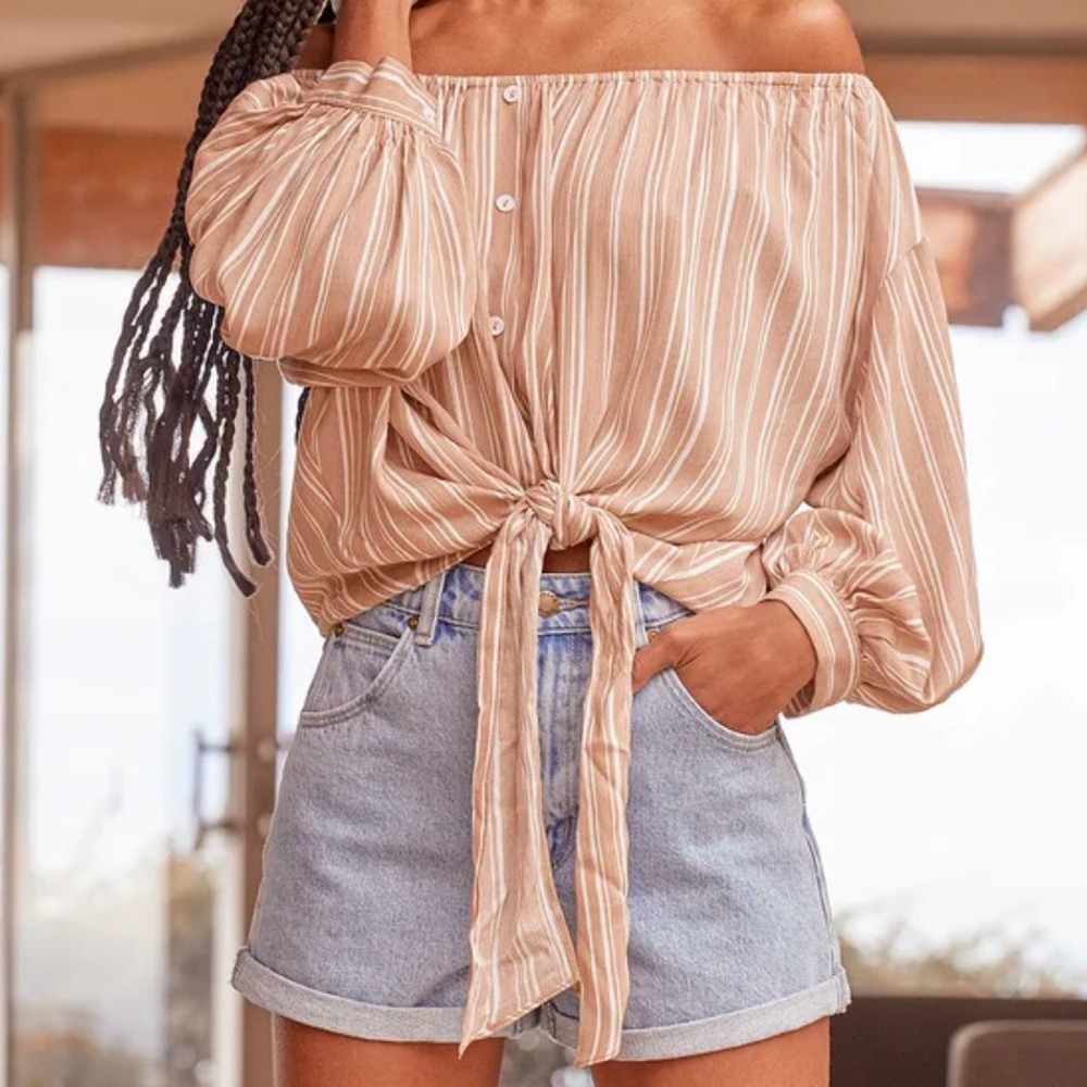 Lulus Greet the Moment Beige Striped Off-the-Shoulder Long Sleeve Top